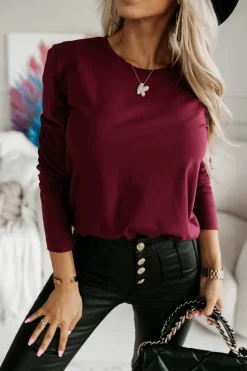 BLUZKA BAWEŁNIANA BASIC Z DŁUGIM RĘKAWEM Z OKRĄGŁYM DEKOLTEM BURDGUNOWA