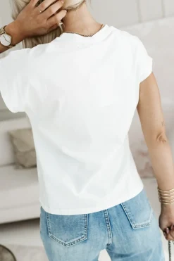 BLUZKA BAWEŁNIANA Z AŻUROWĄ WSTAWKĄ NA DEKOLCIE BIAŁA