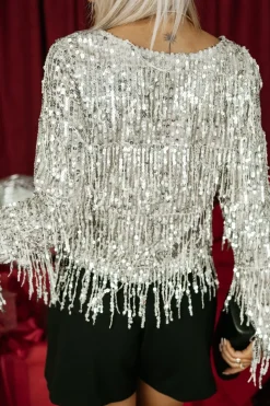 BLUZKA CEKINOWA GIORGIA Z FRĘDZLAMI BEŻOWA