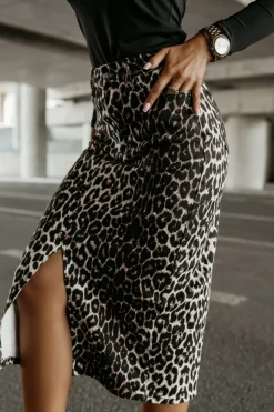 SPÓDNICA JEANSOWA MIDI Z ROZCIĘCIEM Z PRZODU PANTERA ECRU-CZARNA