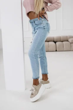 SPODNIE JEANSOWE TYPU BOYFRIEND Z PASKIEM W KOMPLECIE BŁĘKITNY JEANS