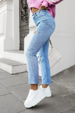 SPODNIE JEANSOWE Z ROZCIĘCIEM NA UDACH OZDOBIONE KRYSZTAŁKAMI NIEBIESKI JEANS