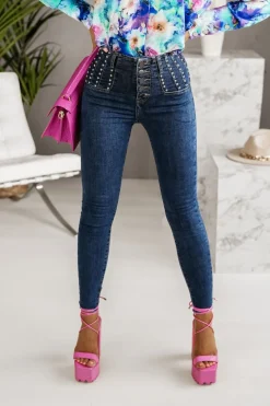 SPODNIE JEANSOWE Z WYSOKIM STANEM ZDOBIONE NITAMI CIEMNY JEANS