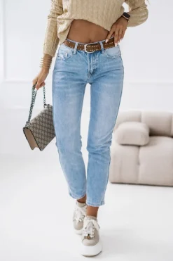 SPODNIE JEANSOWE Z WYSOKIM STANEM Z PASKIEM W KOMPLECIE BŁĘKITNY JEANS