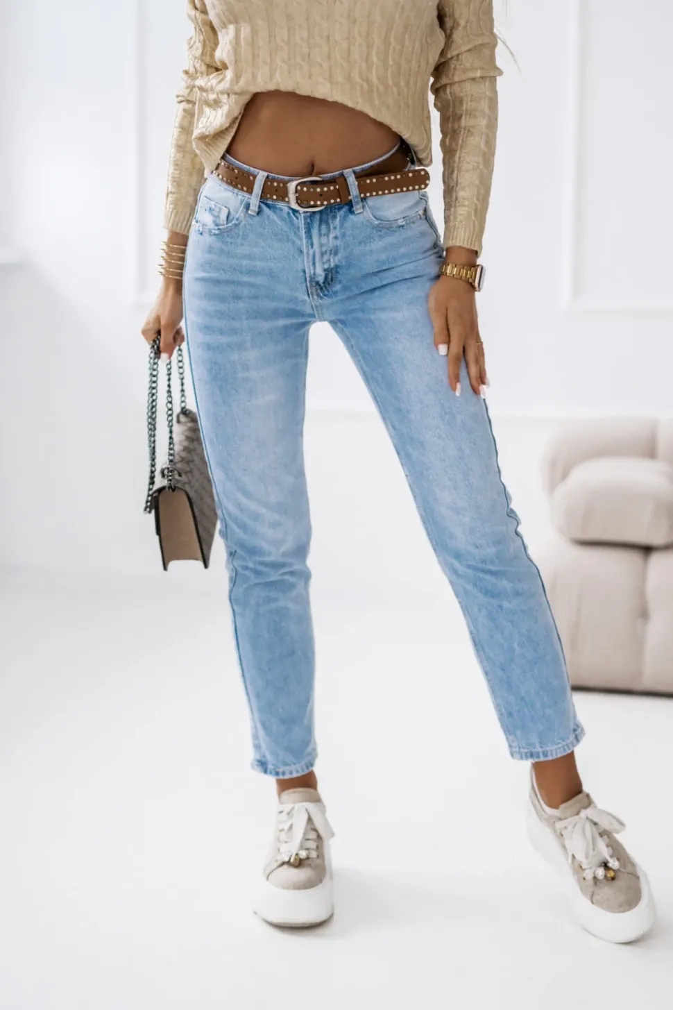 SPODNIE JEANSOWE Z WYSOKIM STANEM Z PASKIEM W KOMPLECIE BŁĘKITNY JEANS