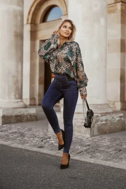 SPODNIE JEGGINSY Z WYSOKIM STANEM Z GUMĄ CIEMNY JEANS