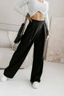 SPODNIE MATERIAŁOWE ROBBEN Z WYSOKIM STANEM Z GUMĄ W PASIE CZARNE