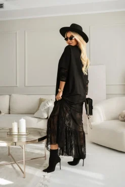 SUKIENKA BAWEŁNIANA MAXI ZE WSTAWKAMI Z KORONKI CZARNA