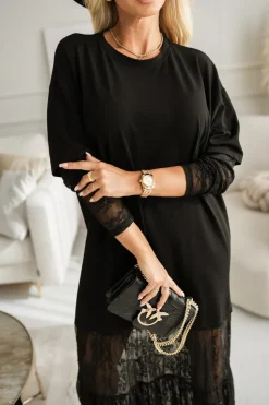 SUKIENKA BAWEŁNIANA MAXI ZE WSTAWKAMI Z KORONKI CZARNA