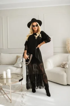 SUKIENKA BAWEŁNIANA MAXI ZE WSTAWKAMI Z KORONKI CZARNA