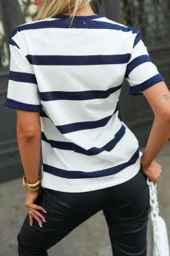 T-SHIRT BAWEŁNIANY W PASY BIAŁO-GRANATOWE