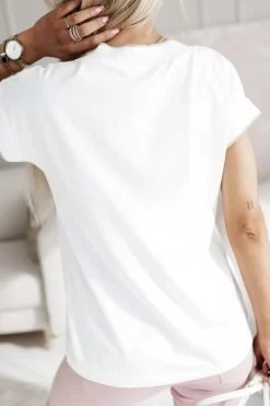 T-SHIRT BAWEŁNIANY Z DEKOLTEM W SEREK LEMON ECRU