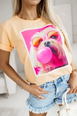 T-SHIRT BAWEŁNIANY Z NADRUKIEM PIESEK W OKULARACH MORELOWY