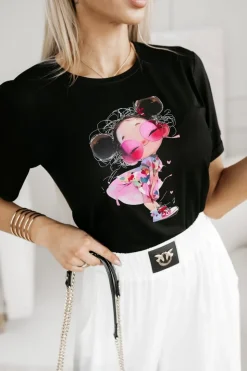 T-SHIRT BAWEŁNIANY Z NADRUKIEM DZIEWCZYNKA W OKULARACH CZARNY