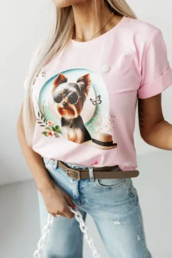 T-SHIRT BAWEŁNIANY Z NADRUKIEM YORK TERRIER RÓŻOWY