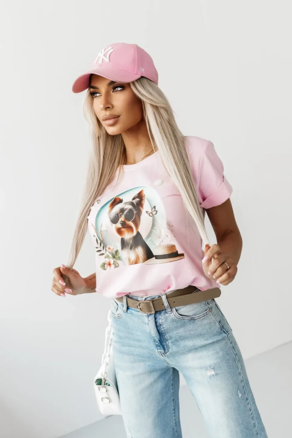 T-SHIRT BAWEŁNIANY Z NADRUKIEM YORK TERRIER RÓŻOWY