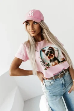 T-SHIRT BAWEŁNIANY Z NADRUKIEM YORK TERRIER RÓŻOWY