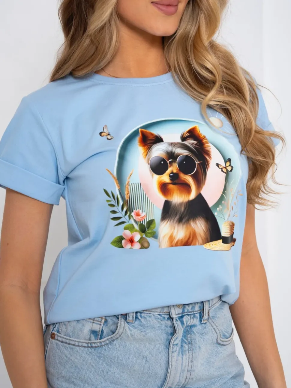 T-SHIRT BAWEŁNIANY Z NADRUKIEM YORK TERRIER BŁĘKITNY