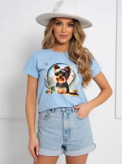 T-SHIRT BAWEŁNIANY Z NADRUKIEM YORK TERRIER BŁĘKITNY