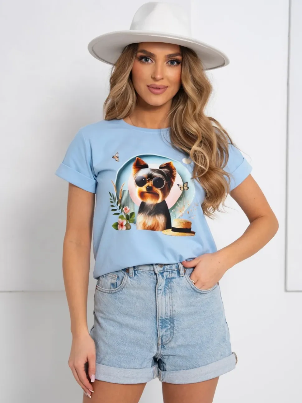 T-SHIRT BAWEŁNIANY Z NADRUKIEM YORK TERRIER BŁĘKITNY