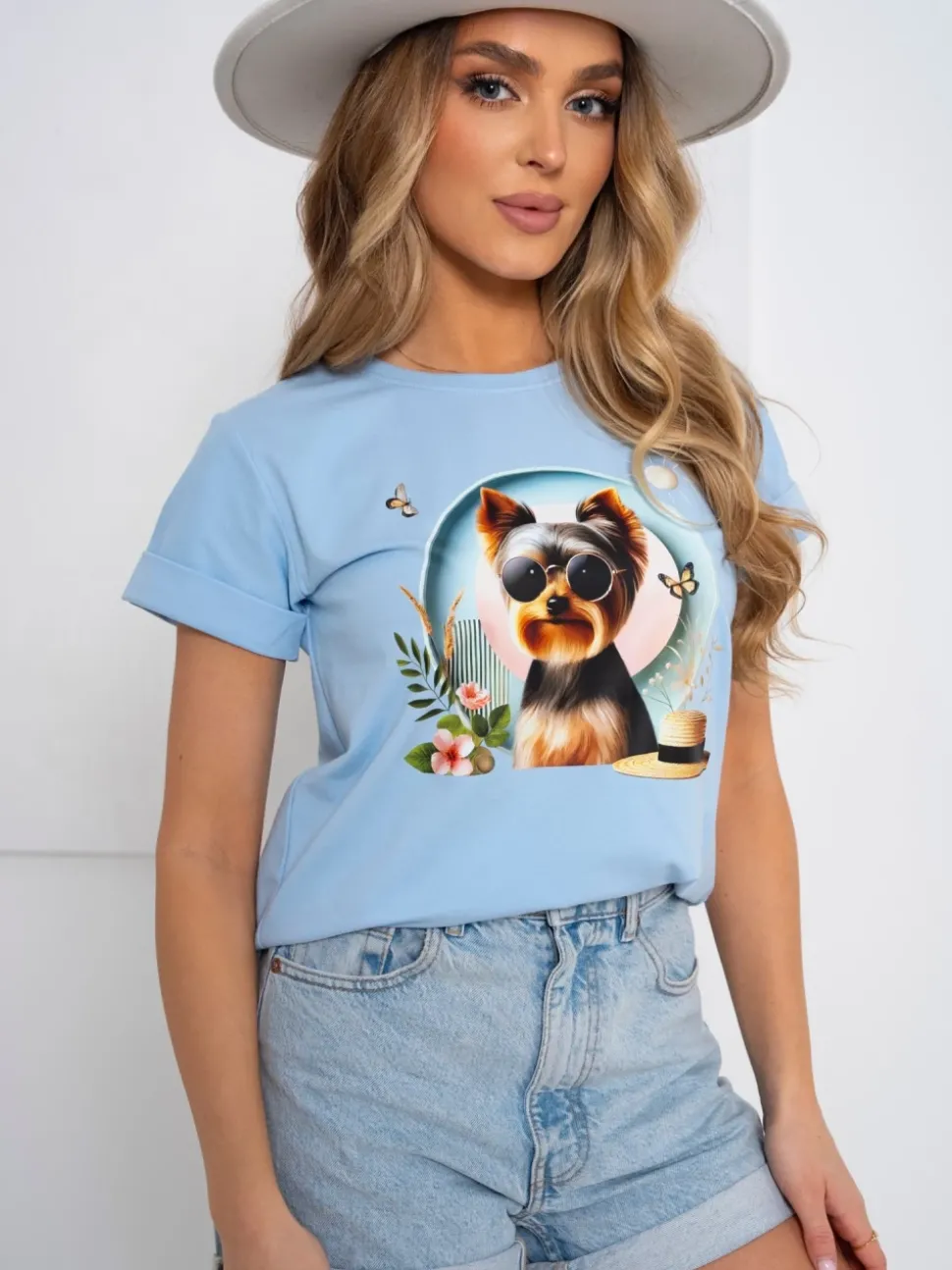 T-SHIRT BAWEŁNIANY Z NADRUKIEM YORK TERRIER BŁĘKITNY