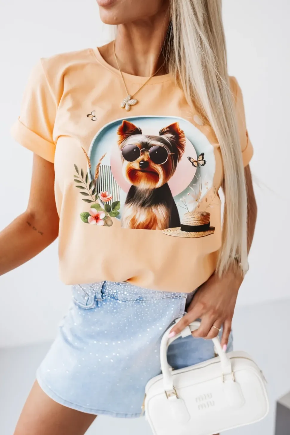 T-SHIRT BAWEŁNIANY Z NADRUKIEM YORK TERRIER MORELOWY