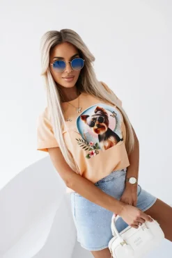 T-SHIRT BAWEŁNIANY Z NADRUKIEM YORK TERRIER MORELOWY