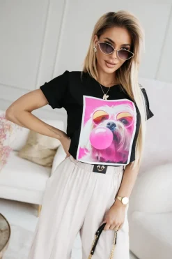 T-SHIRT BAWEŁNIANY Z NADRUKIEM PIESEK W OKULARACH CZARNY