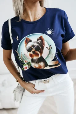 T-SHIRT BAWEŁNIANY Z NADRUKIEM YORK TERRIER GRANATOWY
