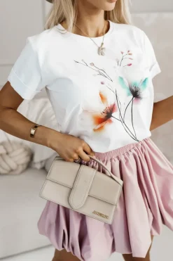 T-SHIRT BAWEŁNIANY Z NADRUKIEM KWIATOWYM BIAŁY