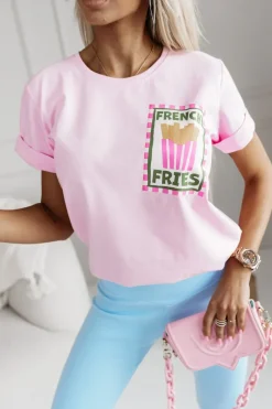 T-SHIRT BAWEŁNIANY Z NADRUKIEM FRENCH FRIES RÓŻOWY