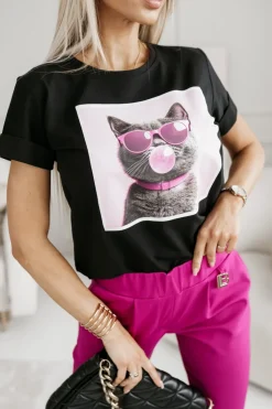T-SHIRT BAWEŁNIANY Z NADRUKIEM KOTEK W OKULARACH CZARNY