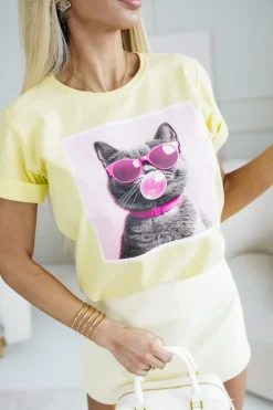 T-SHIRT BAWEŁNIANY Z NADRUKIEM KOTEK W OKULARACH ŻÓŁTY