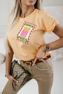 T-SHIRT BAWEŁNIANY Z NADRUKIEM FRENCH FRIES MORELOWY