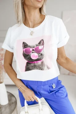 T-SHIRT BAWEŁNIANY Z NADRUKIEM KOTEK W OKULARACH BIAŁY