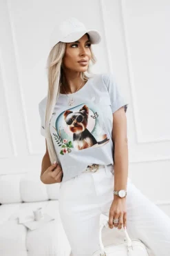 T-SHIRT BAWEŁNIANY Z NADRUKIEM YORK TERRIER SZARY