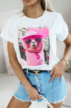 T-SHIRT BAWEŁNIANY Z NADRUKIEM LAMA W CZAPCE BIAŁA