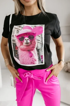 T-SHIRT BAWEŁNIANY Z NADRUKIEM LAMA W CZAPCE CZARNY