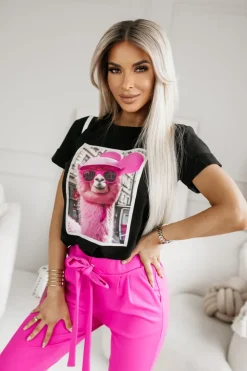 T-SHIRT BAWEŁNIANY Z NADRUKIEM LAMA W CZAPCE CZARNY