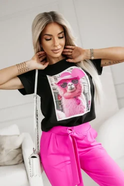 T-SHIRT BAWEŁNIANY Z NADRUKIEM LAMA W CZAPCE CZARNY