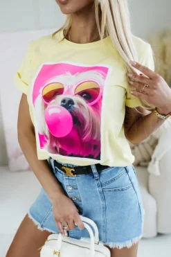 T-SHIRT BAWEŁNIANY Z NADRUKIEM PIESEK W OKULARACH ŻÓŁTY