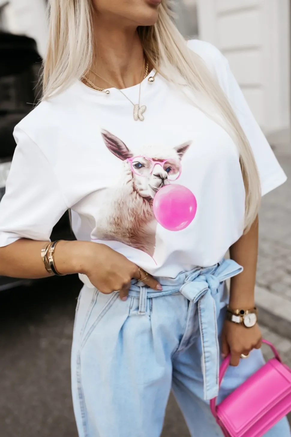 T-SHIRT BAWEŁNIANY Z NADRUKIEM LAMA BIAŁY