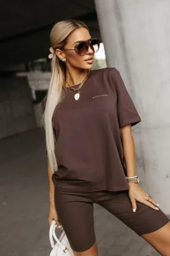 T-SHIRT BAWEŁNIANY Z NAPISEM STAYHERE BRĄZOWY