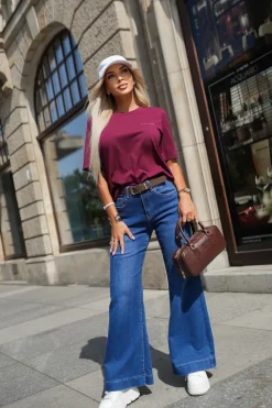 T-SHIRT BAWEŁNIANY Z NAPISEM STAYHERE BURGUNDOWY