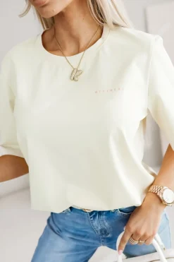 T-SHIRT BAWEŁNIANY Z NAPISEM STAYHERE BEŻOWY