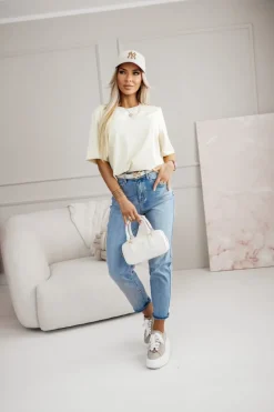 T-SHIRT BAWEŁNIANY Z NAPISEM STAYHERE BEŻOWY