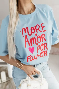 T-SHIRT BAWEŁNIANY Z NAPISEM MORE AMOR POR FAVOR NIEBIESKI