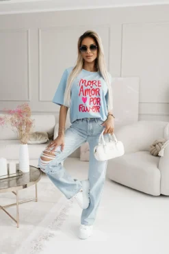 T-SHIRT BAWEŁNIANY Z NAPISEM MORE AMOR POR FAVOR NIEBIESKI