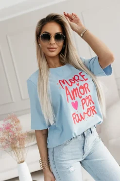 T-SHIRT BAWEŁNIANY Z NAPISEM MORE AMOR POR FAVOR NIEBIESKI