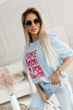 T-SHIRT BAWEŁNIANY Z NAPISEM MORE AMOR POR FAVOR NIEBIESKI